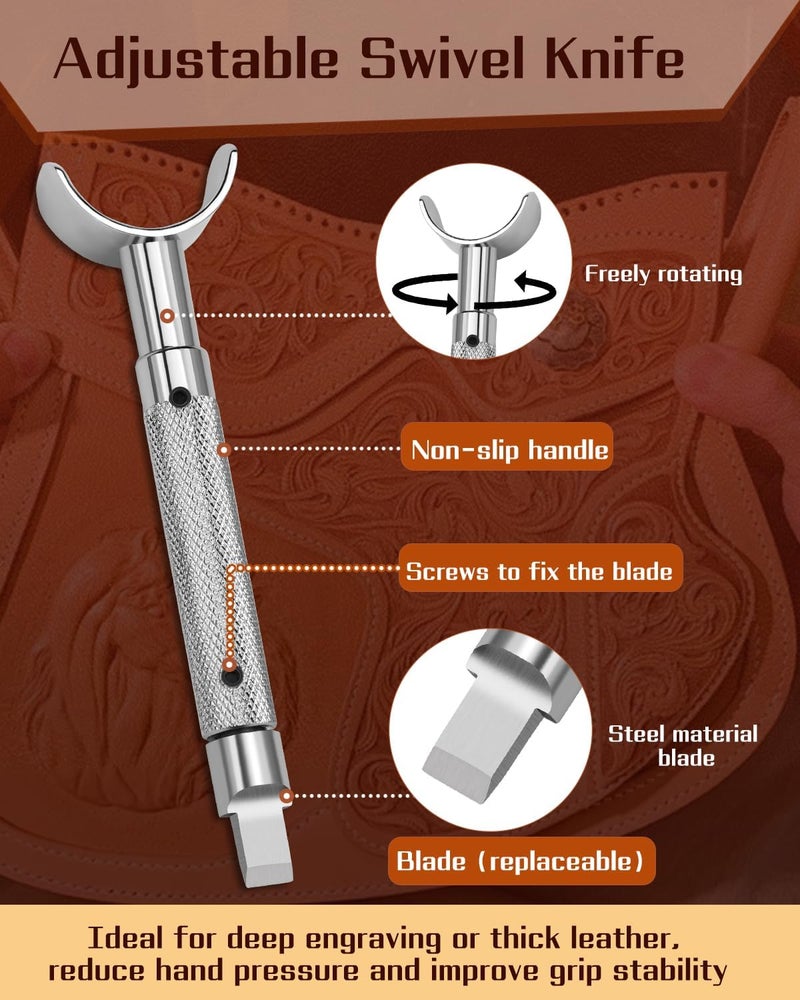 FOUSNOW Leather Swivel Knife, Leather Engraving Knife with Extended Handle, 3 Replaceable Blades for Engraving and Stamping, Professional Diy Craft Tool - Image 3
